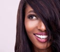 Face, hair and beauty of black woman in studio for makeup, human extension or cosmetics. Headshot of happy african