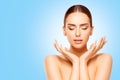 Face and Hands Beauty Skin Care, Woman Natural Make Up, Model on Blue Royalty Free Stock Photo