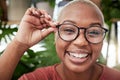 Face, happy and black woman in glasses and vision, eye care and optometry with frame and prescription lens. Eyesight Royalty Free Stock Photo