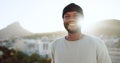 Face, happy and street style with a black man outdoor in the city with nature in the background during summer. Portrait Royalty Free Stock Photo