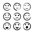 Face icons. Emoticon with emotions of happy, sad, funny, angry, love, cry and laugh. Sketch smiles. Set with doodle emoji. Black Royalty Free Stock Photo