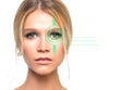 Face id Concept: woman scanned by the security system.
