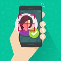 Face id recognition via mobile phone vector illustration, flat cartoon person with smartphone using facial scanning Royalty Free Stock Photo