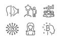 Face id, Teamwork results and Artificial intelligence icons set. Woman, Star and Bitcoin think signs. Vector