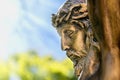 The face of Jesus Christ, the Son of God. A crown of thorns on his head. Sunbeams Royalty Free Stock Photo