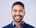 Face, lawyer and happy business man in studio isolated on a white background. Professional attorney, portrait and Royalty Free Stock Photo