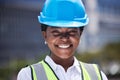 Face of logistics worker, construction builder and employee working on site for home renovation, building with smile and Royalty Free Stock Photo