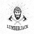 Face of lumberjack with beard,hat and two axes