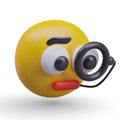 Face with magnifying glass in black frame. Yellow emoji with close study emotion concept