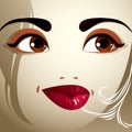 Face makeup. Lips, eyes and eyebrows of an attractive woman displaying doubt. Fashionable female haircut.