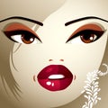 Face makeup. Lips, eyes and eyebrows of an attractive woman displaying surprise and shock. Fashionable female haircut.