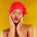 Face makeup, red lipstick and black woman with natural skincare shine, real aesthetic beauty or anti aging. Studio