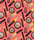 Face makeup seamless pattern on red background