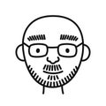 The face of a man with beard and glasses. Hand drawn portrait of person avatar in doodle style. Vector illustration.