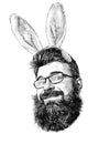 Face of a man with glasses with a beard and lush hair cute smile with decorative soft Bunny ears in the form of a rim on the head