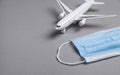 Face mask and airplane. Tourism and Coronavirus Royalty Free Stock Photo