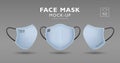 Face mask with blue color fabric mockup, front and side, realistic template design isolated