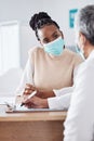 Face mask, doctor or nurse consulting a patient in meeting in hospital writing history or healthcare record. People