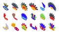 Face mask feathers icons set isometric vector. Carnival show festival