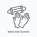 Face mask and gloves flat line icon. Vector outline illustration of coronavirus PPE. Medical safety wear thin linear