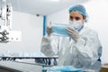 Face mask production line in modern factory Royalty Free Stock Photo