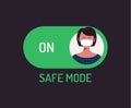 Face mask safe mode switch toggle. Flat vector illustration with character person avatar on face mask on green button