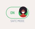 Face mask safe mode switch toggle. Flat vector illustration with character person avatar on face mask on green button