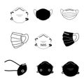 Face Mask Set. Set of various face mask medical surgical N95 mask. PPE for Covid-19 coronavirus. Vector EPS Royalty Free Stock Photo