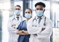 Face mask, team and portrait of medical doctors standing in the hallway or corridor of a hospital. Teamwork Royalty Free Stock Photo
