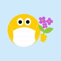 Face mask wearing emoji with flowers, dating visiting, romance during covid 19, coranovirus