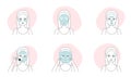 Face masks, beauty treatment thin line icons set, female characters apply mask with brush
