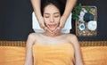 Face massage. Close-up of young woman getting spa massage treatment at beauty spa salon. Spa skin and body care. Facial beauty Royalty Free Stock Photo