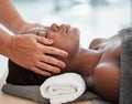 Face massage, spa and black woman with skincare wellness, peace and calm for luxury treatment. Facial therapist and