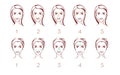 Face massage vector layout, portrait of woman with massage or cream apply lines in 5 steps