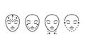 Face medical beauty plastic procedure of cheek, chin, forehead and neck, line icon. Set facelift, aesthetic contour