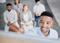 Face, meeting and presentation with a business black man writing on a whiteboard while coaching his team. Training Royalty Free Stock Photo