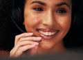 Face, mic and woman at callcenter, headset and closeup with phone call, CRM and communication with smile. Technology Royalty Free Stock Photo