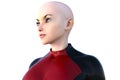 Face of one young bald girl in a super suit. White skin