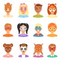 Face paint kids vector children portrait with facial painted makeup and girl or boy character with colorful animalistic Royalty Free Stock Photo