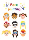 Face painting for kids collection. set of icons in cartoon flat style for banner, poster. children`s holiday background Royalty Free Stock Photo