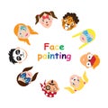 Face painting for kids collection. set of icons in cartoon flat style for banner, poster. children`s holiday background Royalty Free Stock Photo