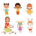 Face painting. Kids makeup funny animals cartoon boys and girls teacher drawing on face vector characters