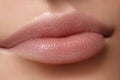 Face part. Beautiful female lips with natural makeup, clean skin. Macro shot of female lip, clean skin. Fresh kiss. Royalty Free Stock Photo