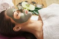 Face peeling mask, spa beauty treatment, skincare. Woman getting facial care by beautician at spa salon,  close-up.Spa clay mask o Royalty Free Stock Photo