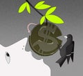 Income growth, face of a person in profile with an open mouth, tries to bite off the coin with a dollar sign on the branch. Coin w