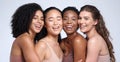 Face portrait, beauty and group of women in studio on gray background. Natural cosmetics, skincare and diversity of