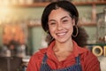 Face portrait, cafe waiter and black woman ready to take orders. Coffee shop, barista and confident, happy and proud Royalty Free Stock Photo