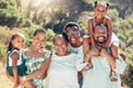 Face portrait of family in nature park, parents in garden with children and senior people with smile on group walk in Royalty Free Stock Photo