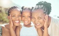 Face portrait, grandmother or mother and daughter with a smile on holiday, vacation or trip. Happy black family