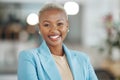 Face portrait, manager and happy black woman, business leader or employee smile for startup company success. Management